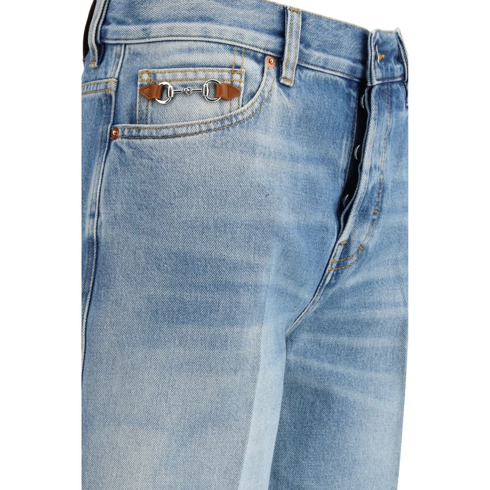 Blue Cotton Flared Jeans with Leather Horsebit Detail