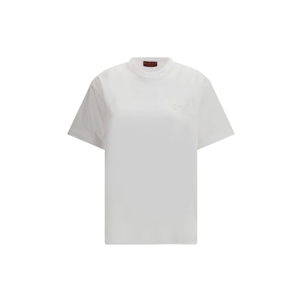 White Cotton T-Shirt with Embroidered Horsebit Detail