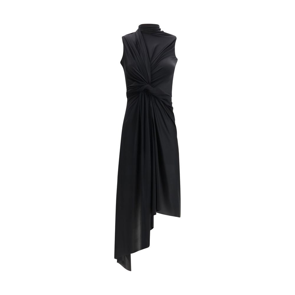 Schwarzes drapiertes Midikleid aus Kunstfaser