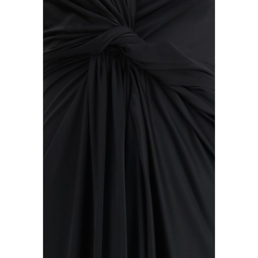 Schwarzes drapiertes Midikleid aus Kunstfaser