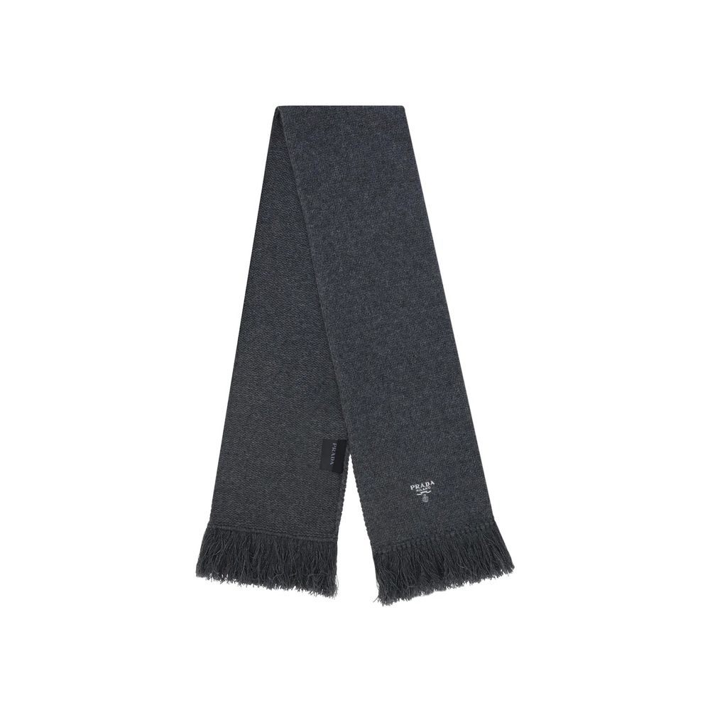 Gray Wool Scarf with Embroidered Logo and Fringe Finish