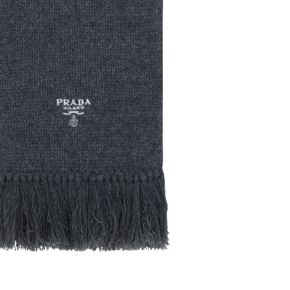 Gray Cashmere Scarf with Embroidered Logo and Fringe