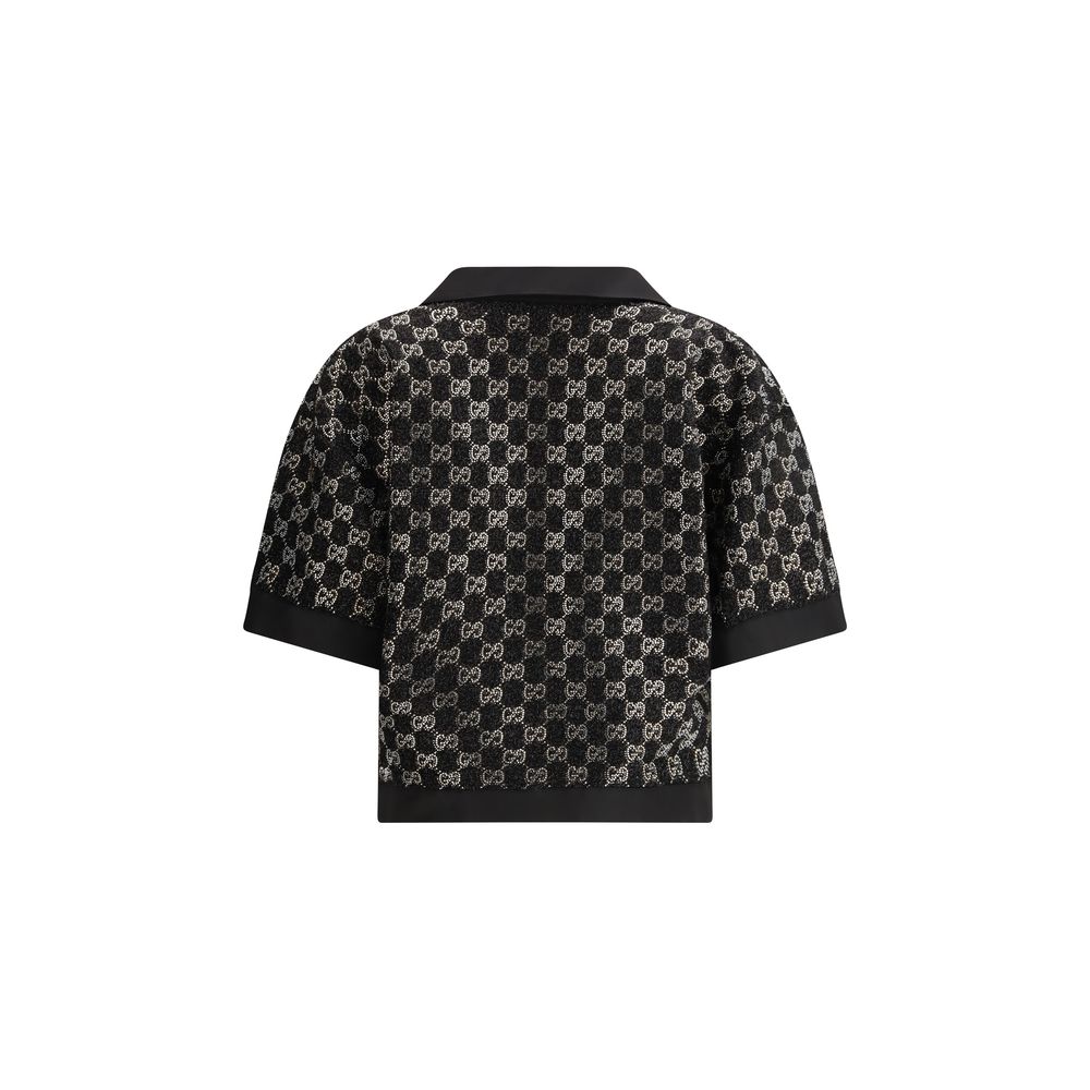 Schwarzes Hemd aus Woll-Lame-Tweed mit Kristalldetails