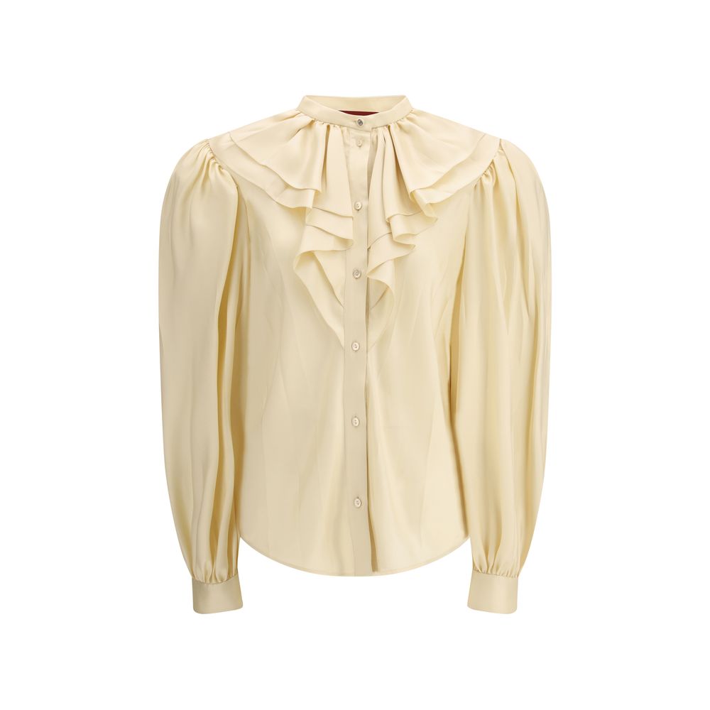 Beige Seidenbluse mit Rüschenbesatz