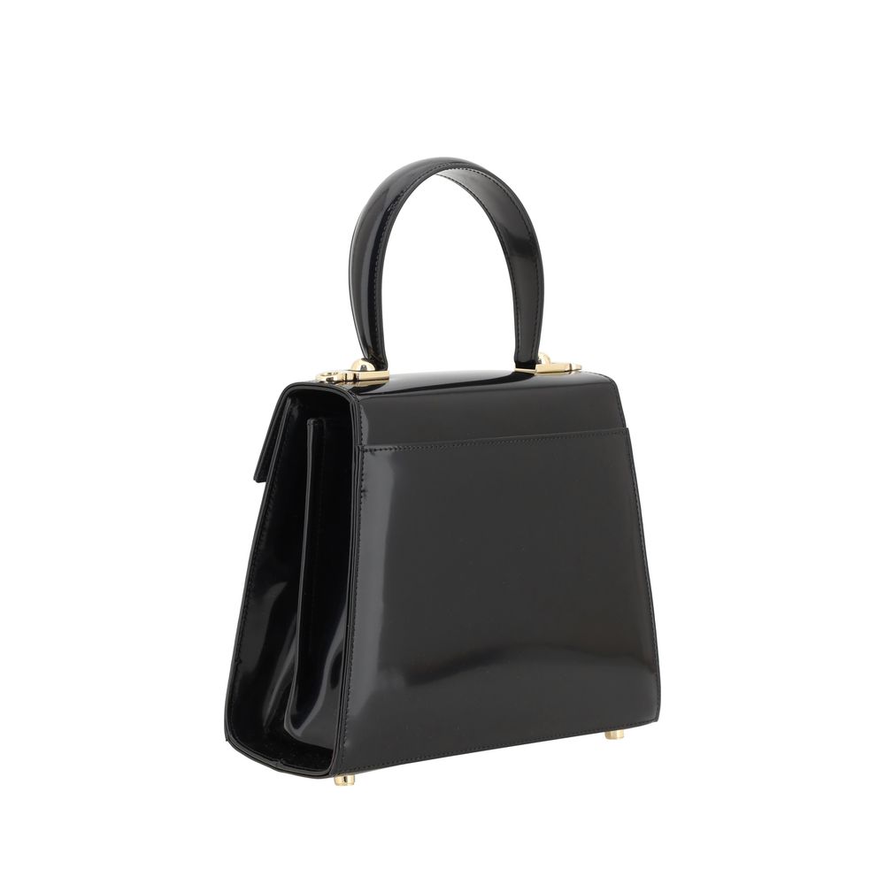 Black Leather Handbag with Gold Gancini Detail