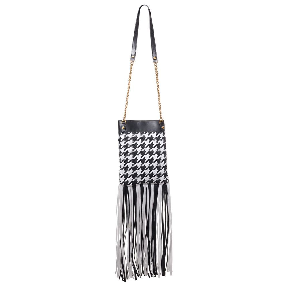 Schwarz-weiße Lederschultertasche mit Fransen