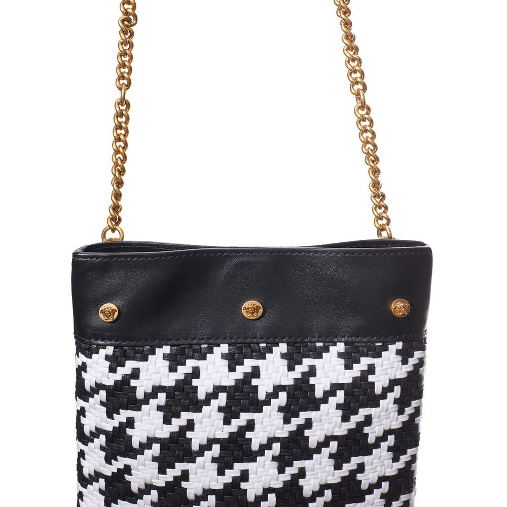 Black and White Leather Shoulder Bag with Fringe Detail