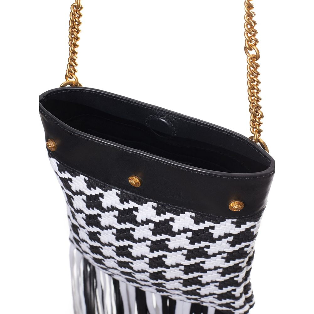 Black and White Leather Shoulder Bag with Fringe Detail
