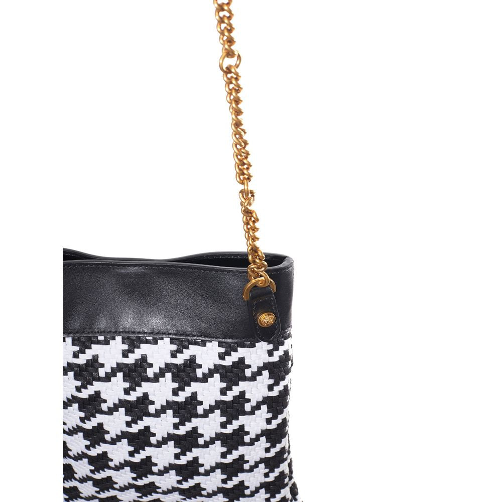 Black and White Leather Shoulder Bag with Fringe Detail