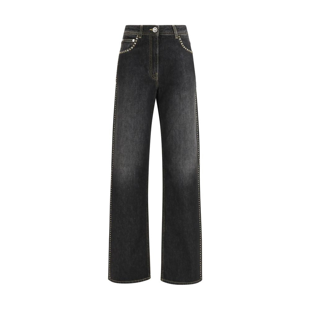 Schwarze, gerade geschnittene Baumwolljeans mit Nieten von Versace