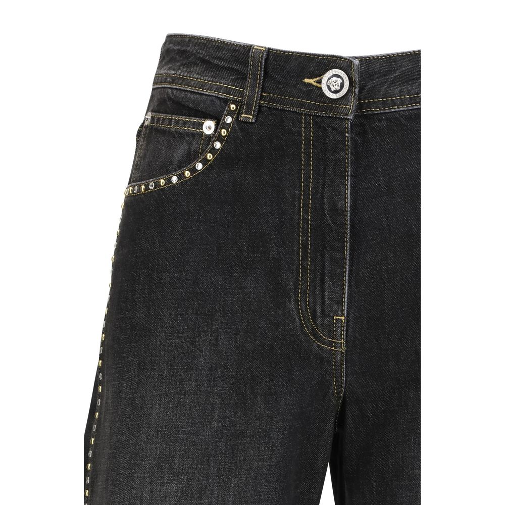 Schwarze, gerade geschnittene Baumwolljeans mit Nieten von Versace