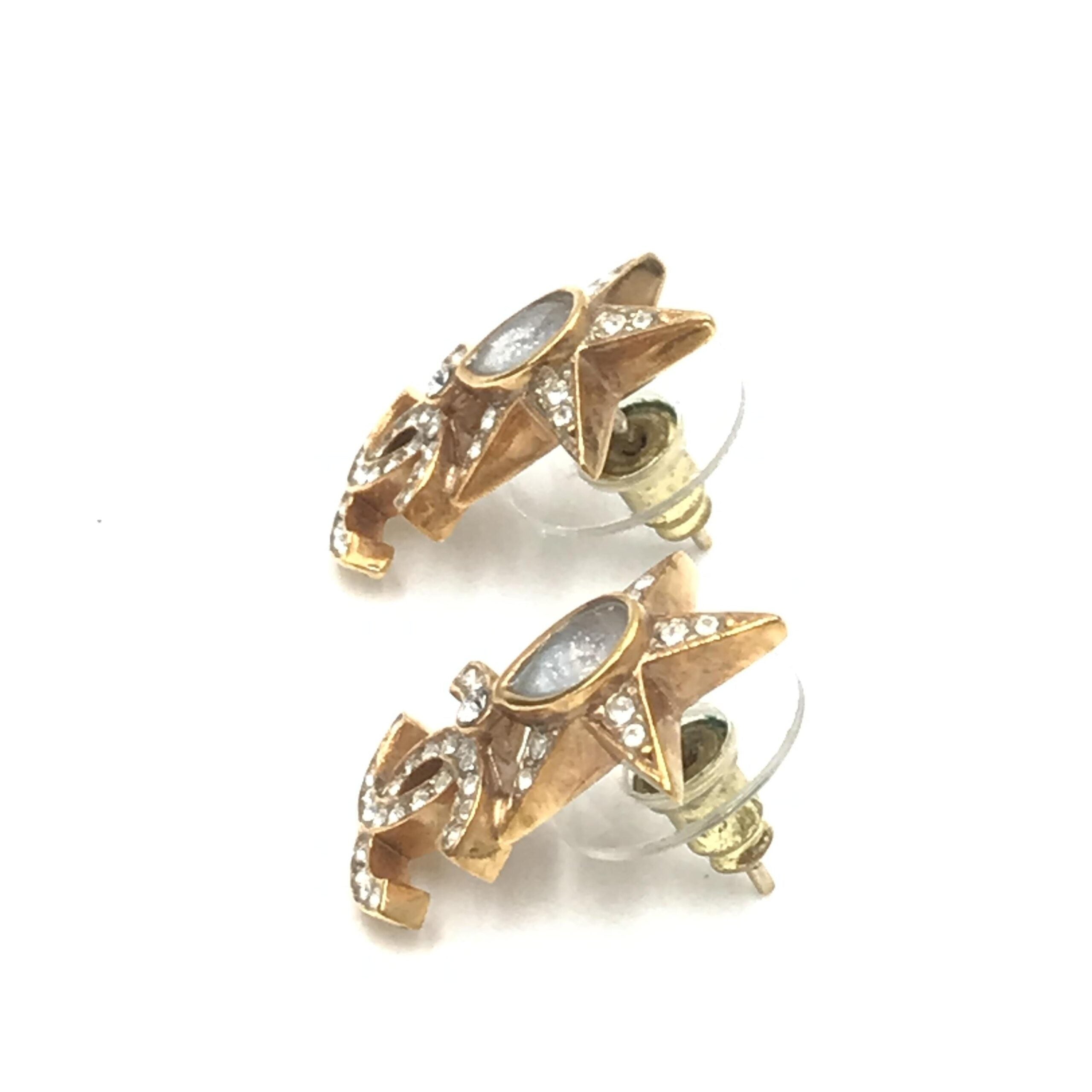Gold Plated Star Coco Mark Earrings With Rhinestones