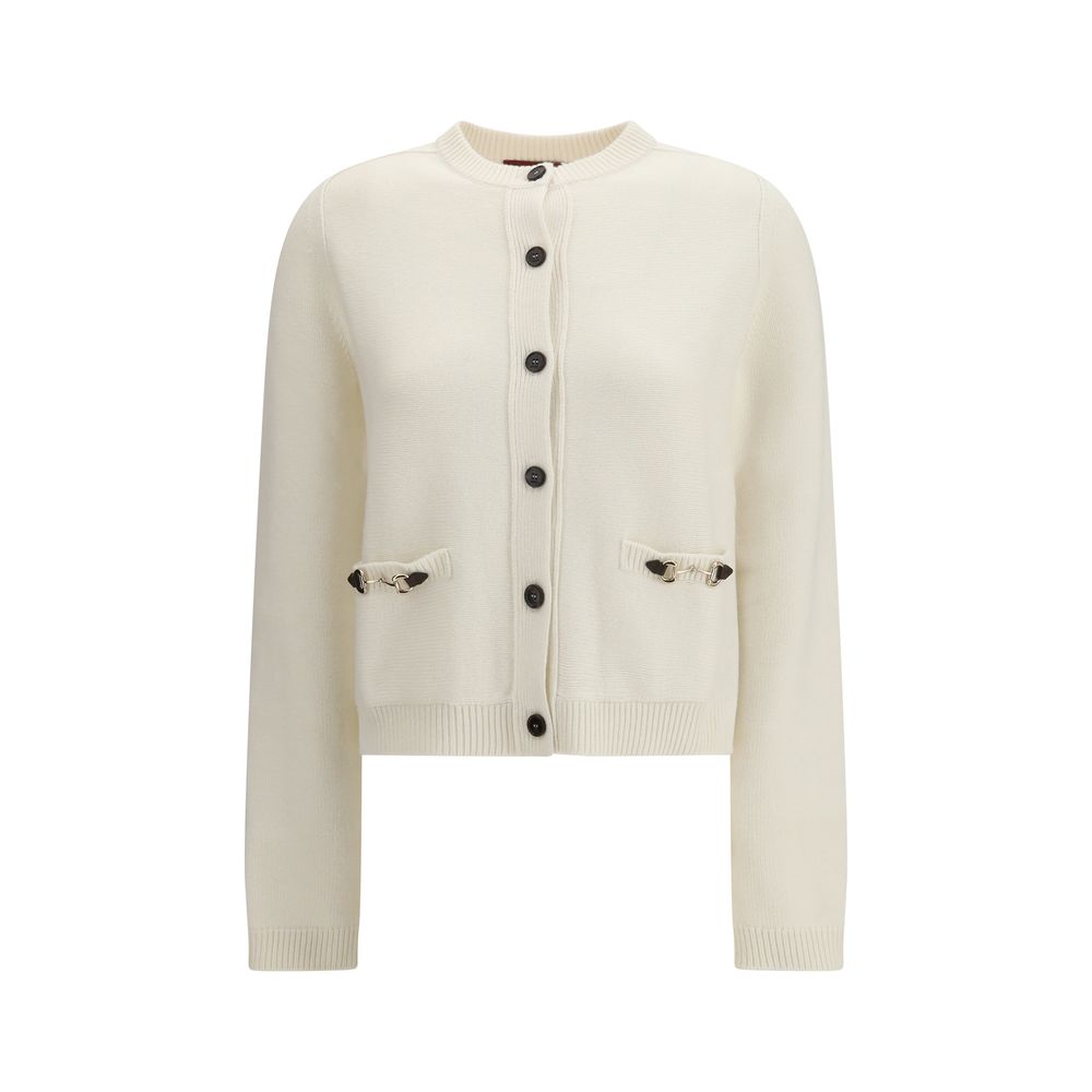Beige Strickjacke aus Wolle und Kaschmir mit Lederdetails