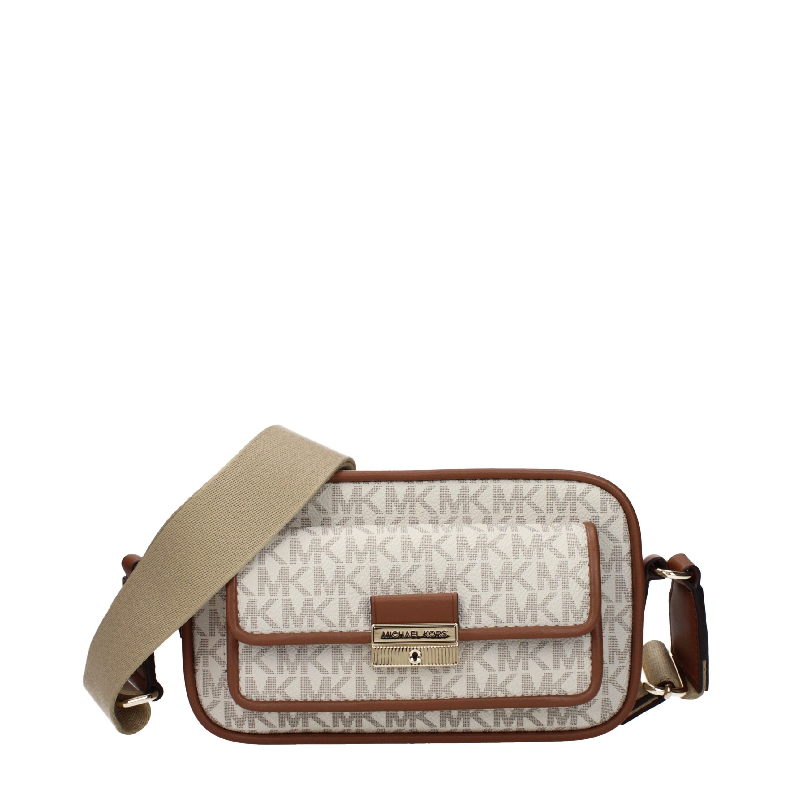 Beige Kunstleder-Umhängetasche mit Logo und verstellbarem Riemen