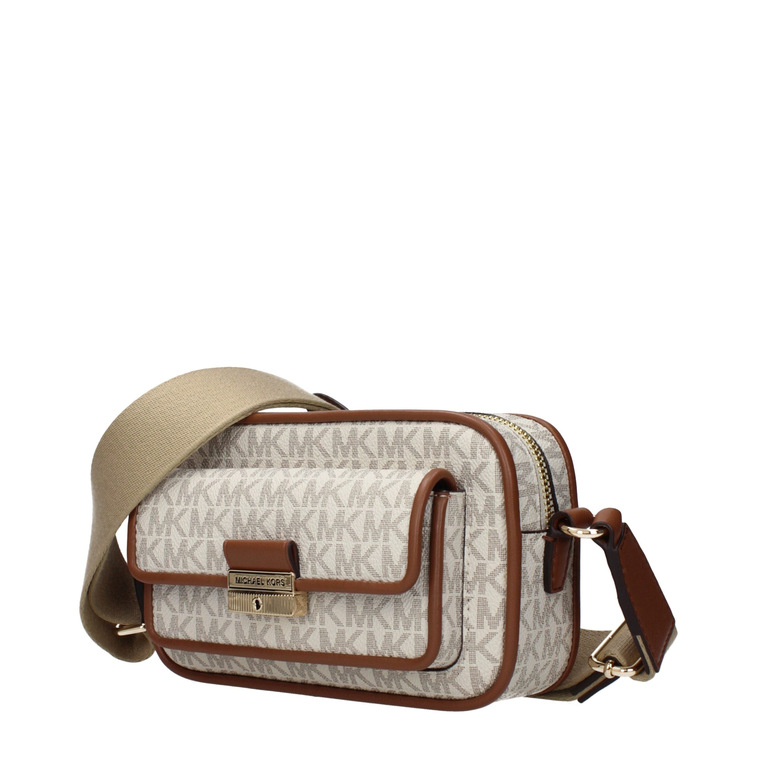 Beige Kunstleder-Umhängetasche mit Logo und verstellbarem Riemen