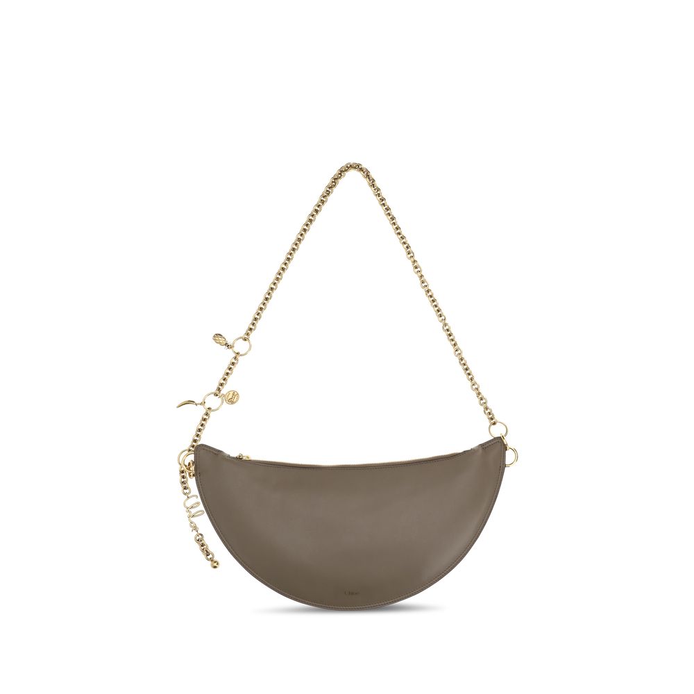 Gray Leather Shoulder Bag with Chain Strap