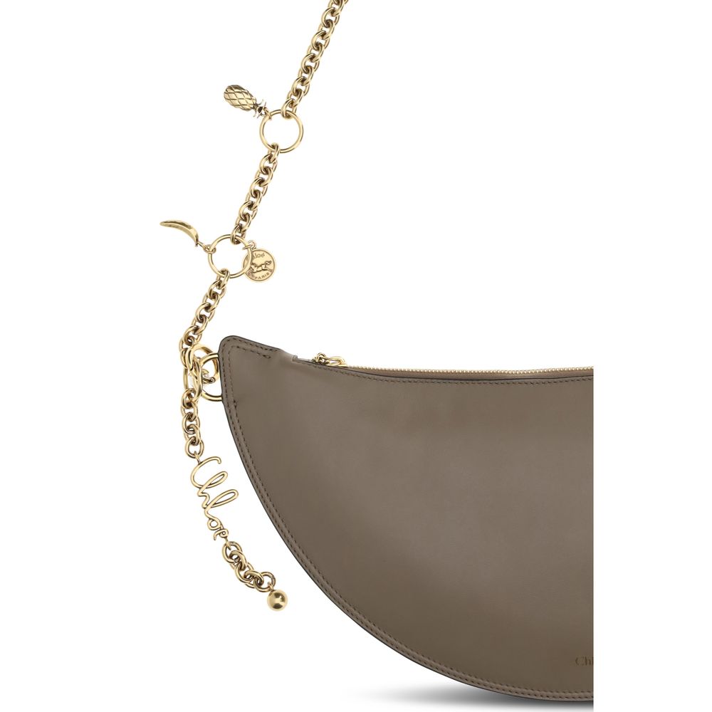 Gray Leather Shoulder Bag with Detachable Chain Strap