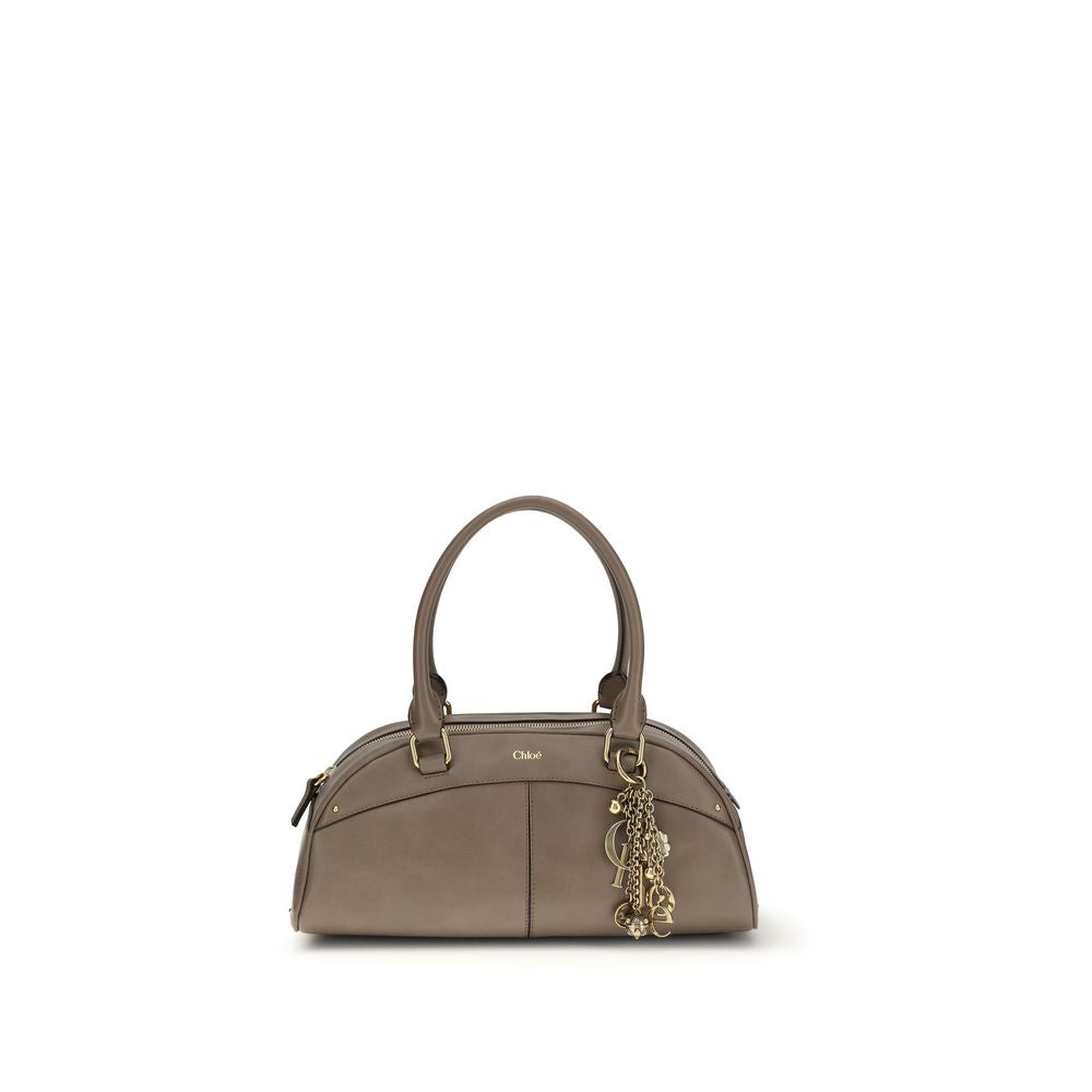 Gray Leather Bowling Handbag with Key Ring Charm