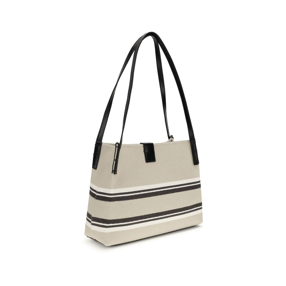 Beige Cotton Shoulder Bag with Jacquard Logo