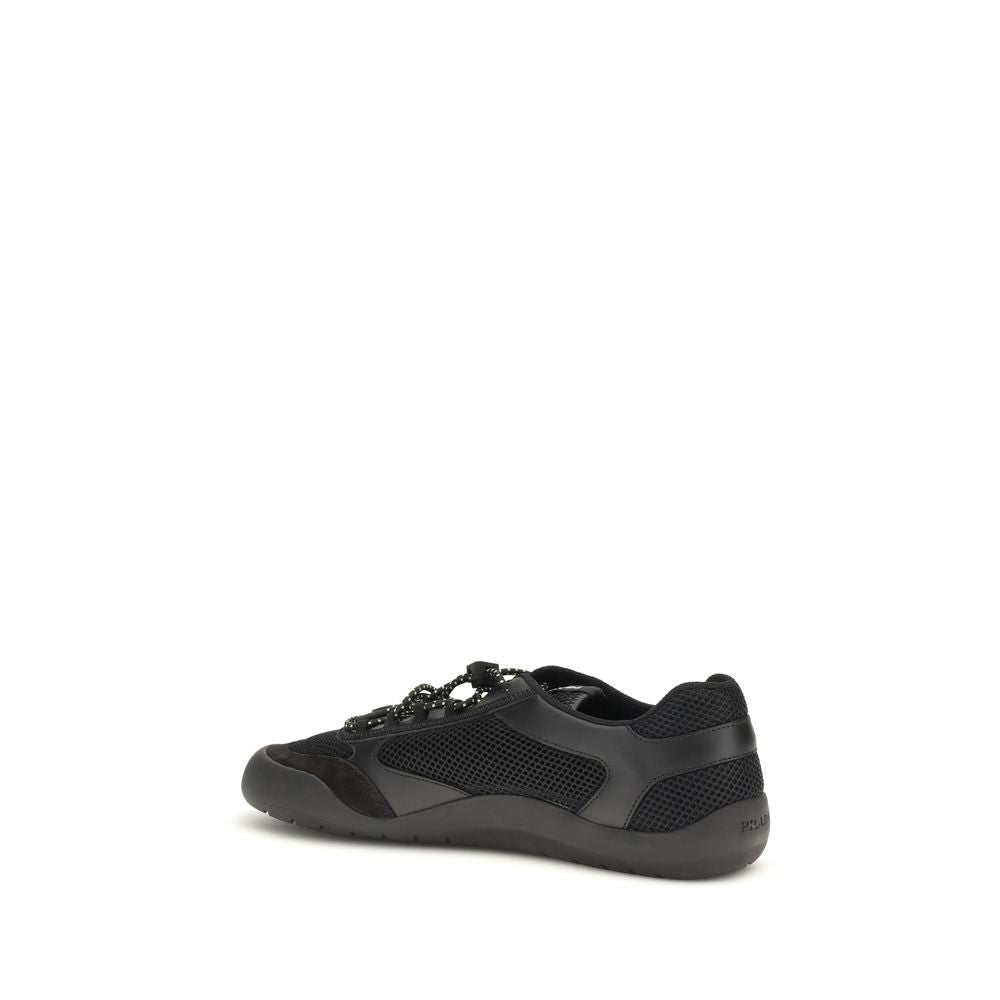Black Prada Leather-Trim Sneakers with Elastic Laces