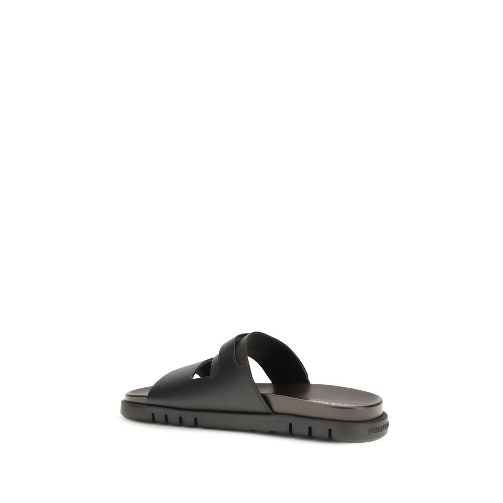Black Leather Double-Strap Flat Sandals by Ferragamo