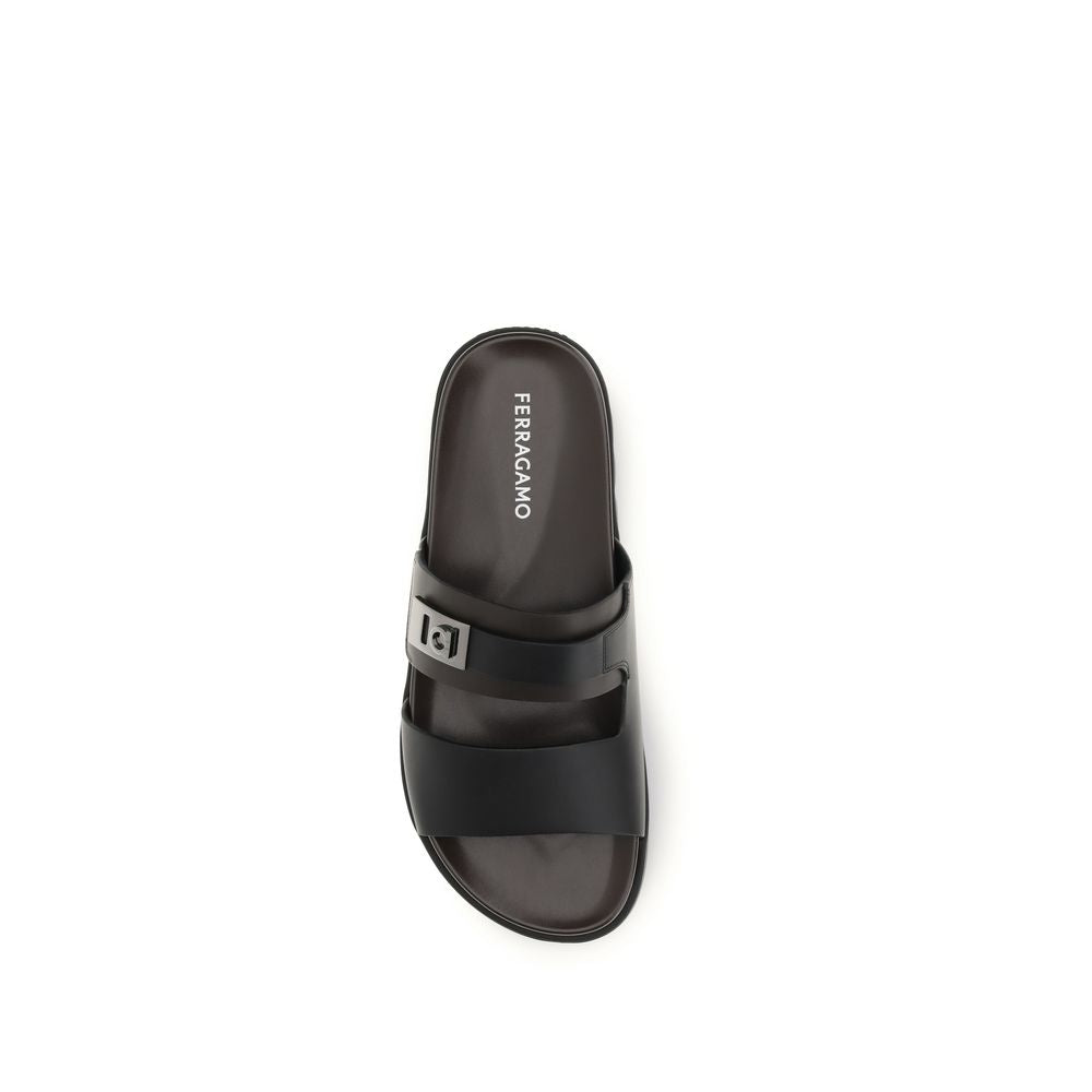 Black Leather Double-Strap Flat Sandals by Ferragamo