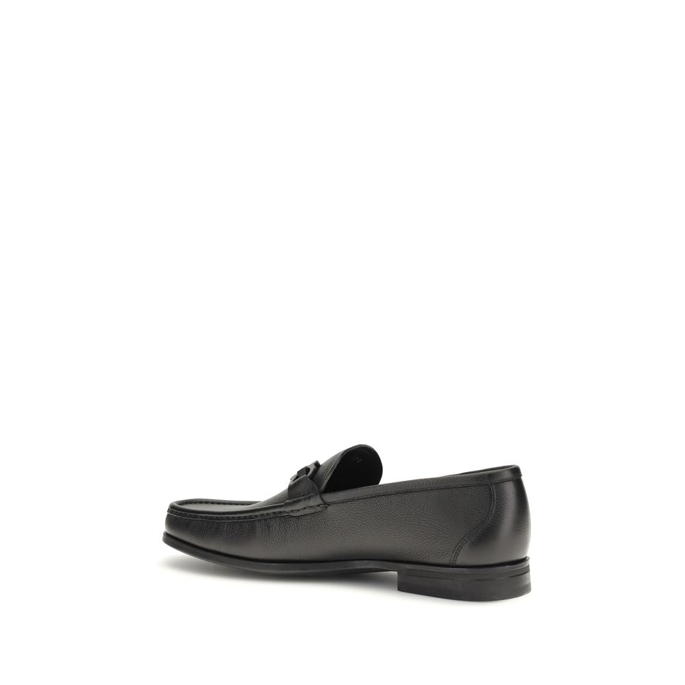 Black Leather Loafers with Gancini Buckle