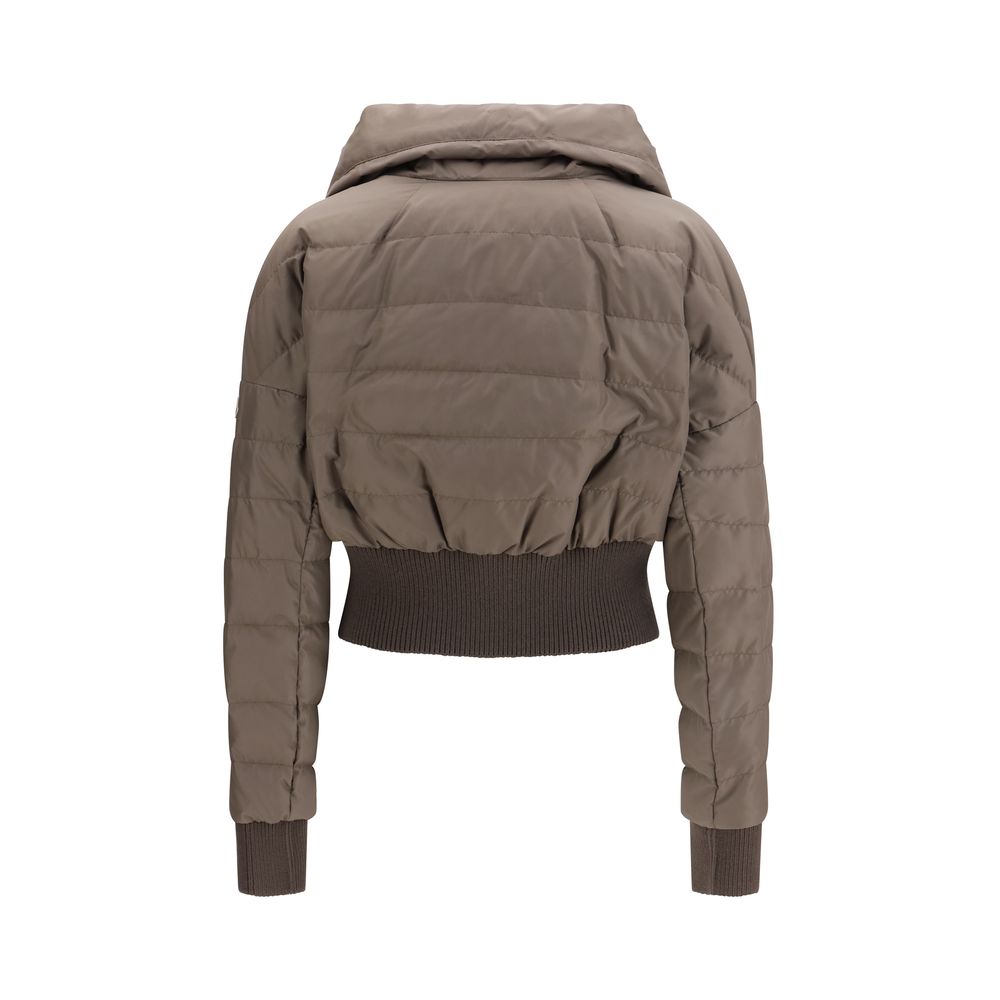 Brown Synthetic Down Jacket with Ribbed Wool Trim
