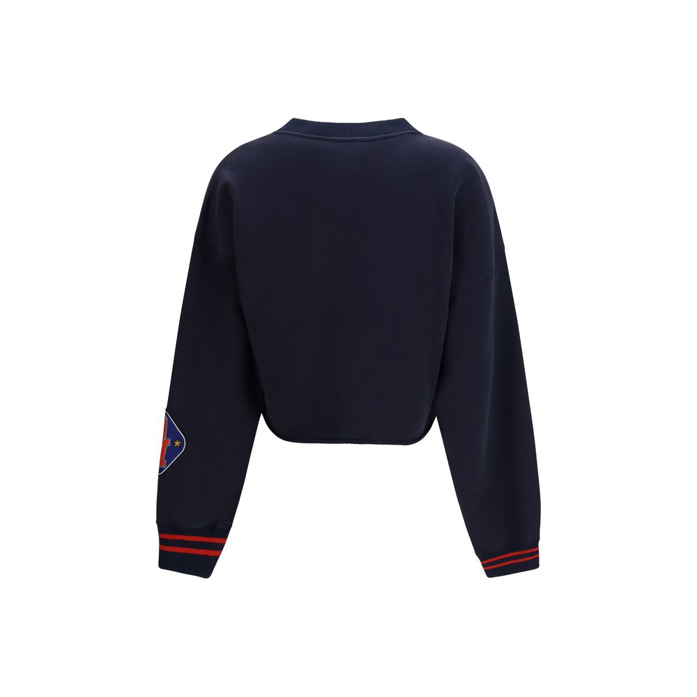 Blaues bauchfreies Baumwoll-Sweatshirt mit Patchwork-Details
