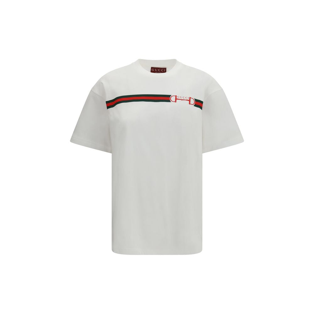 White Cotton T-Shirt with Nastro Web Print by Gucci