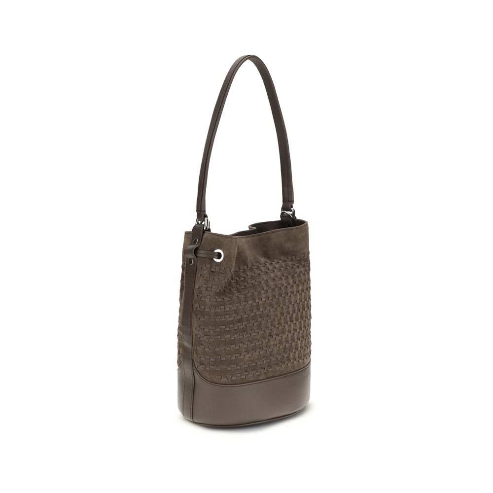 Brown Leather Mondà Bucket Bag with Drawstring Closure