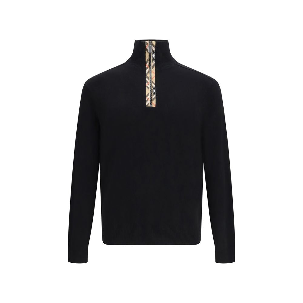 Black Wool Sweater with Burberry Check Zipper