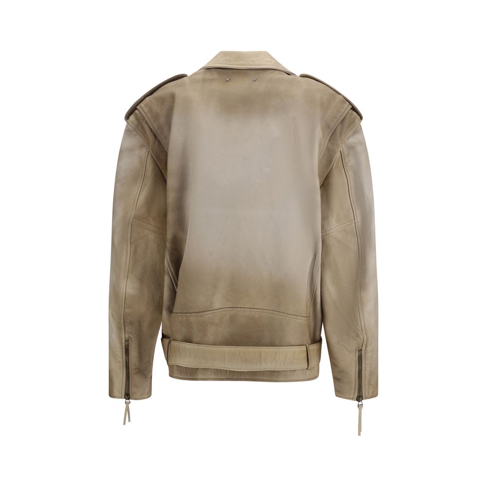 Beige Leather Biker Jacket with Vintage Effect