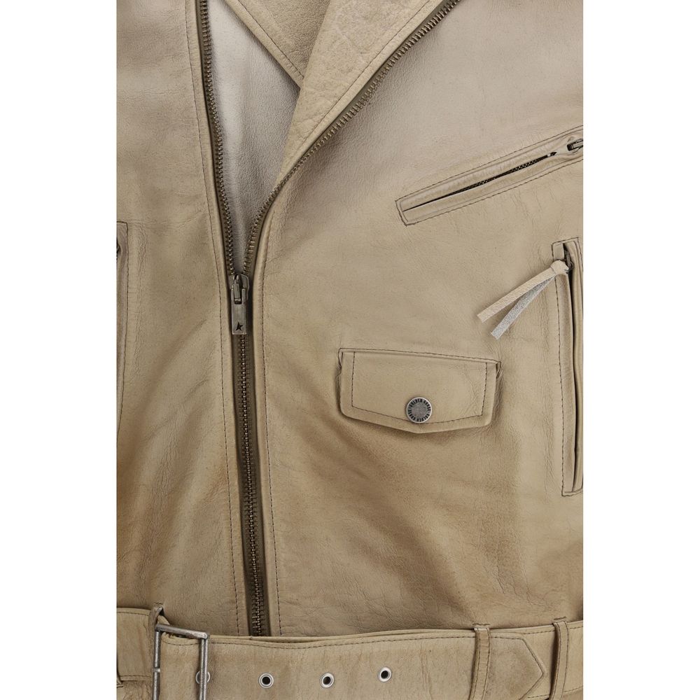 Beige Leather Biker Jacket with Vintage Effect
