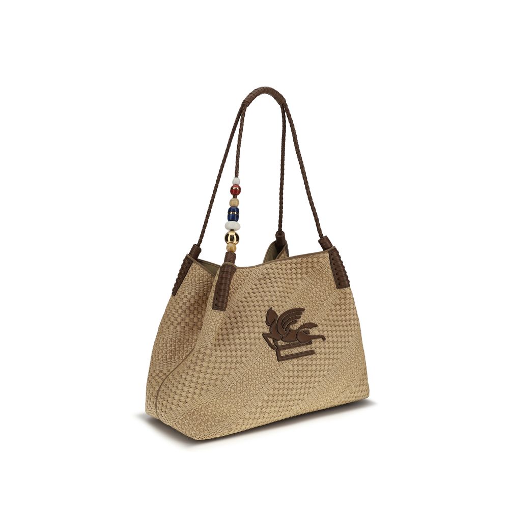 Beige Raffiaschultertasche mit Ledergriffen von Etro