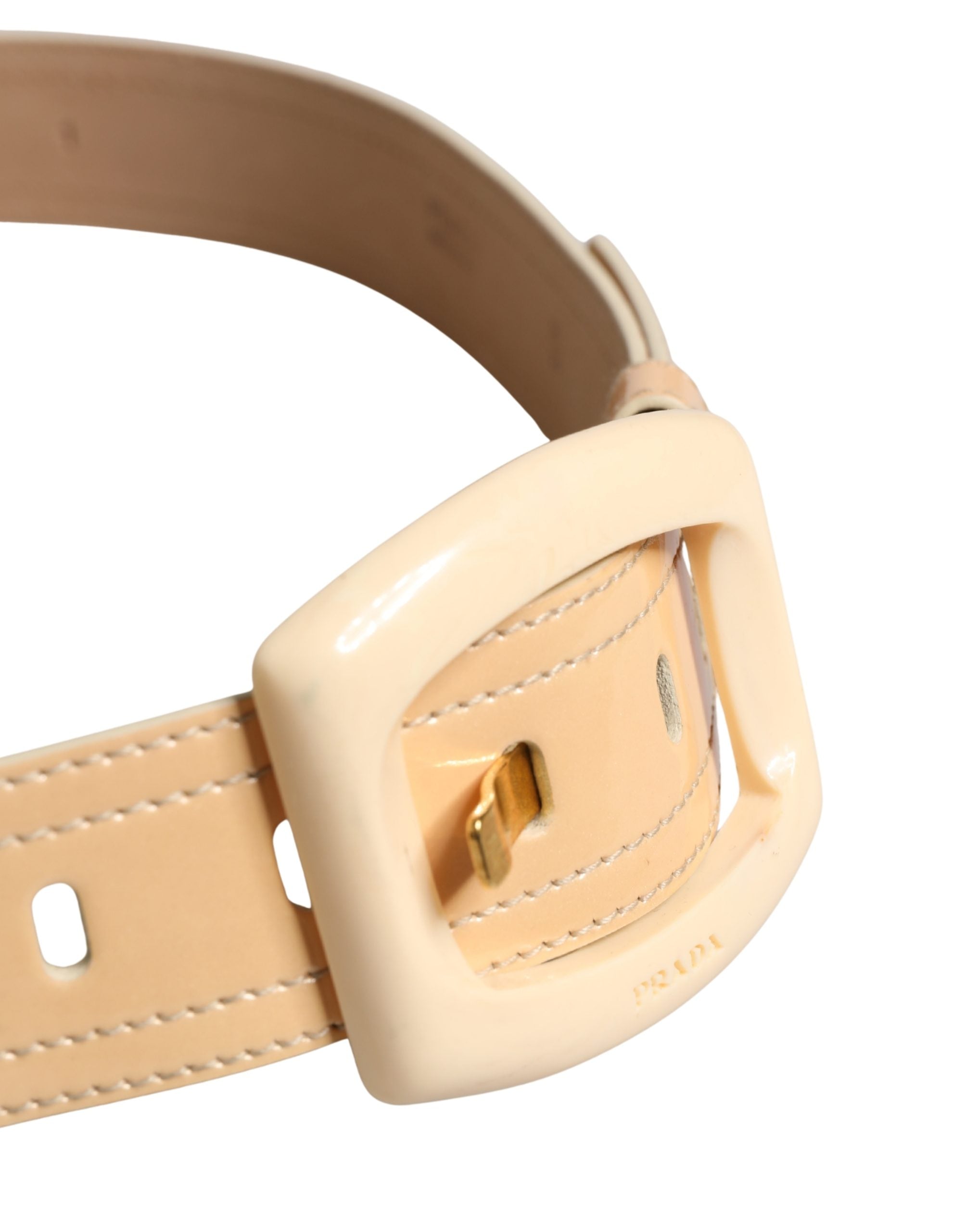 Beige Leather Waist Belt with Square Buckle