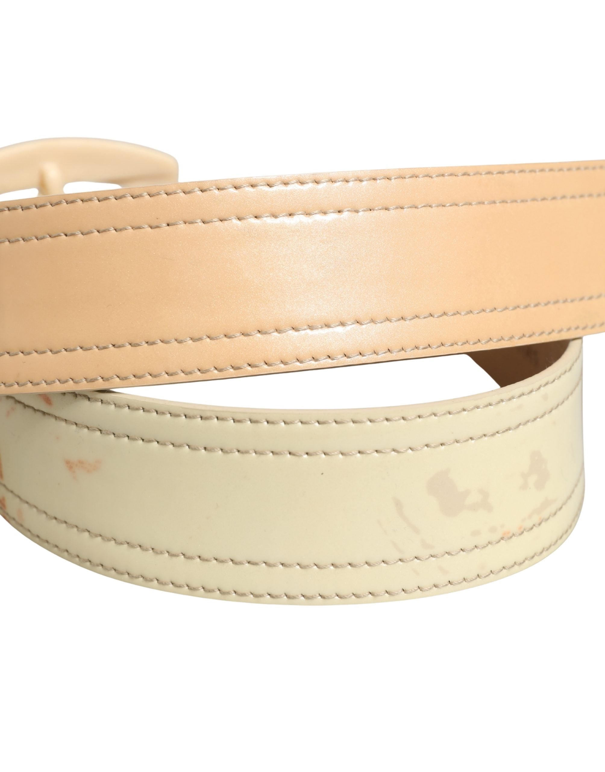 Beige Leather Waist Belt with Square Buckle