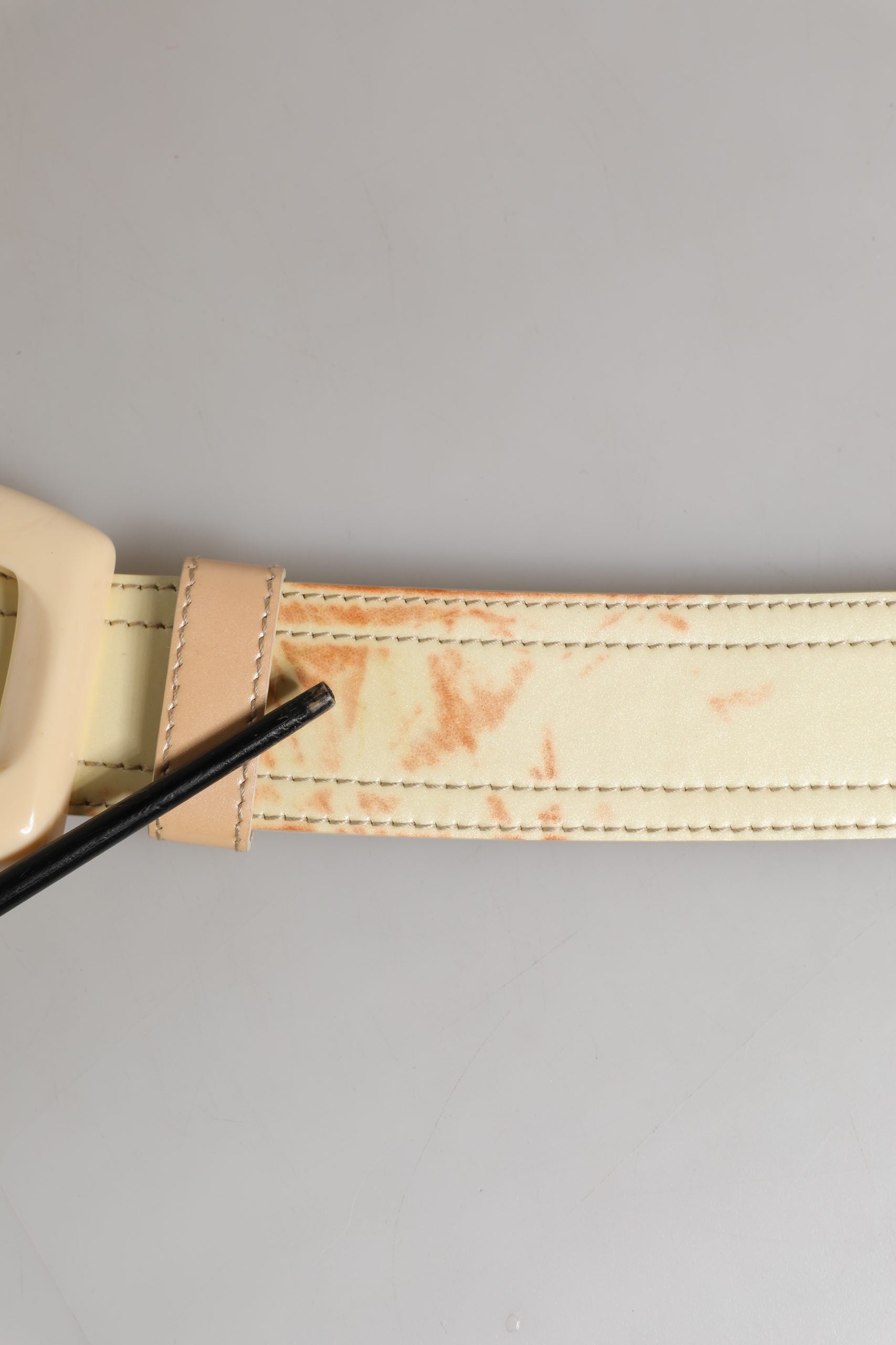 Beige Leather Waist Belt with Square Buckle