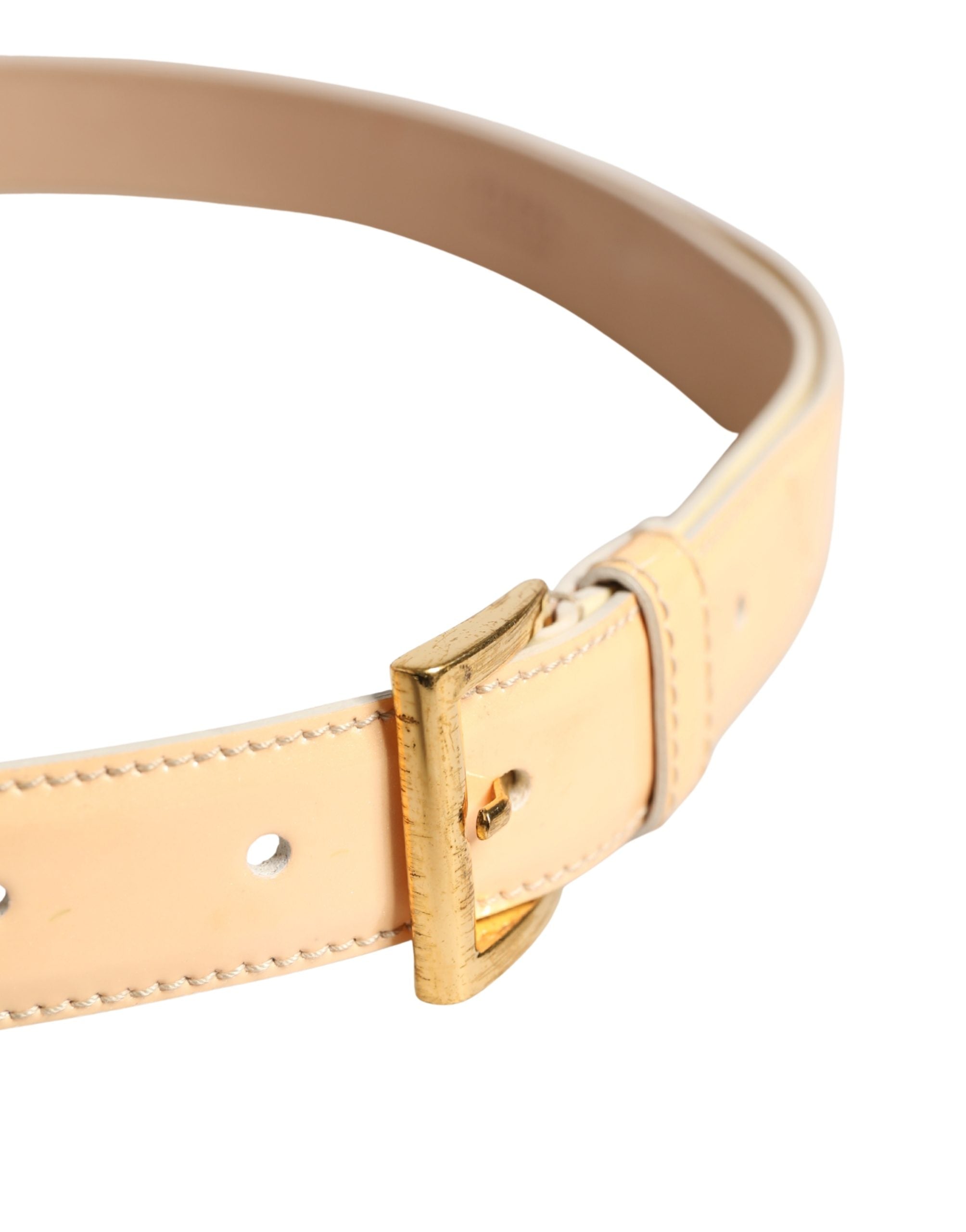Beige Leather Waist Belt with Gold Logo Buckle