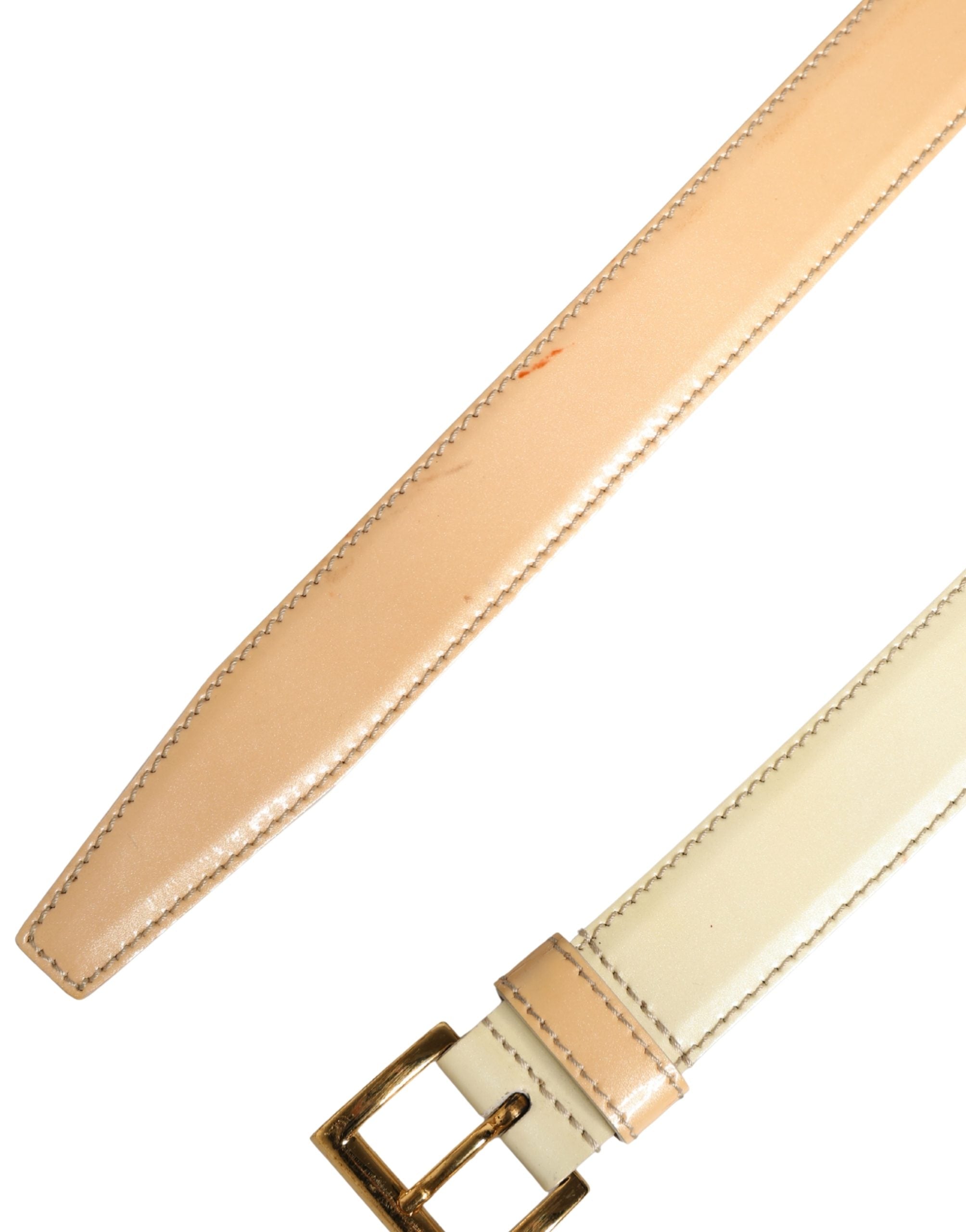 Beige Leather Waist Belt with Gold Logo Buckle