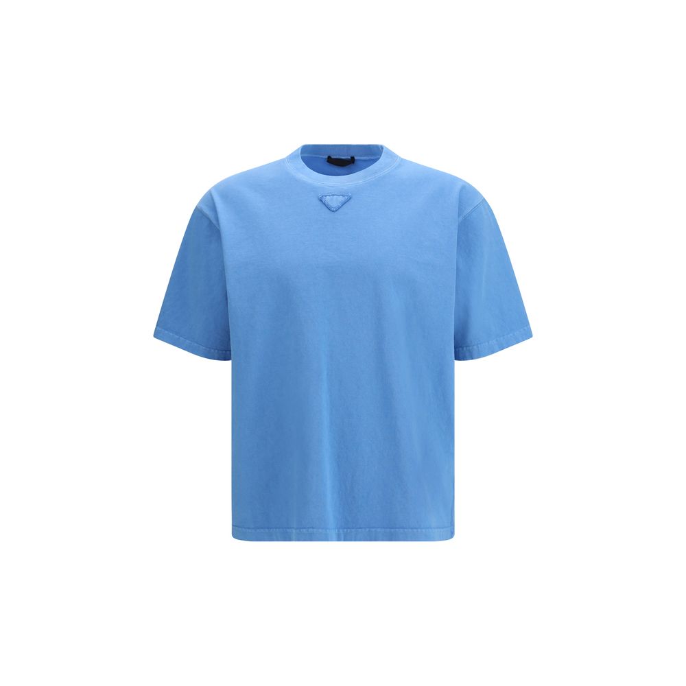 Blaues Baumwoll-T-Shirt mit Prada Signature-Patch