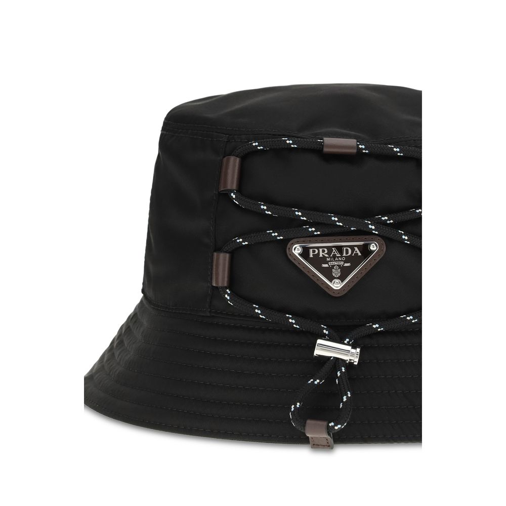 Black Synthetic Bucket Hat with Prada Logo