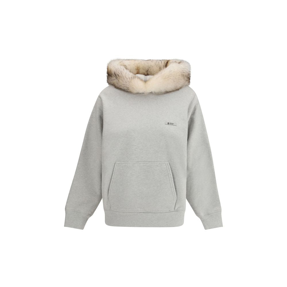 Gray Cotton Sweatshirt with Shearling-Lined Hood