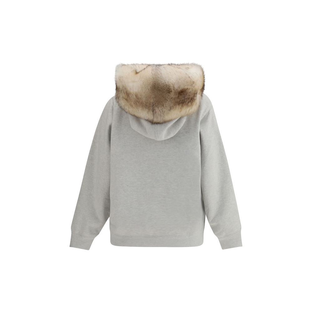 Gray Cotton Sweatshirt with Shearling-Lined Hood