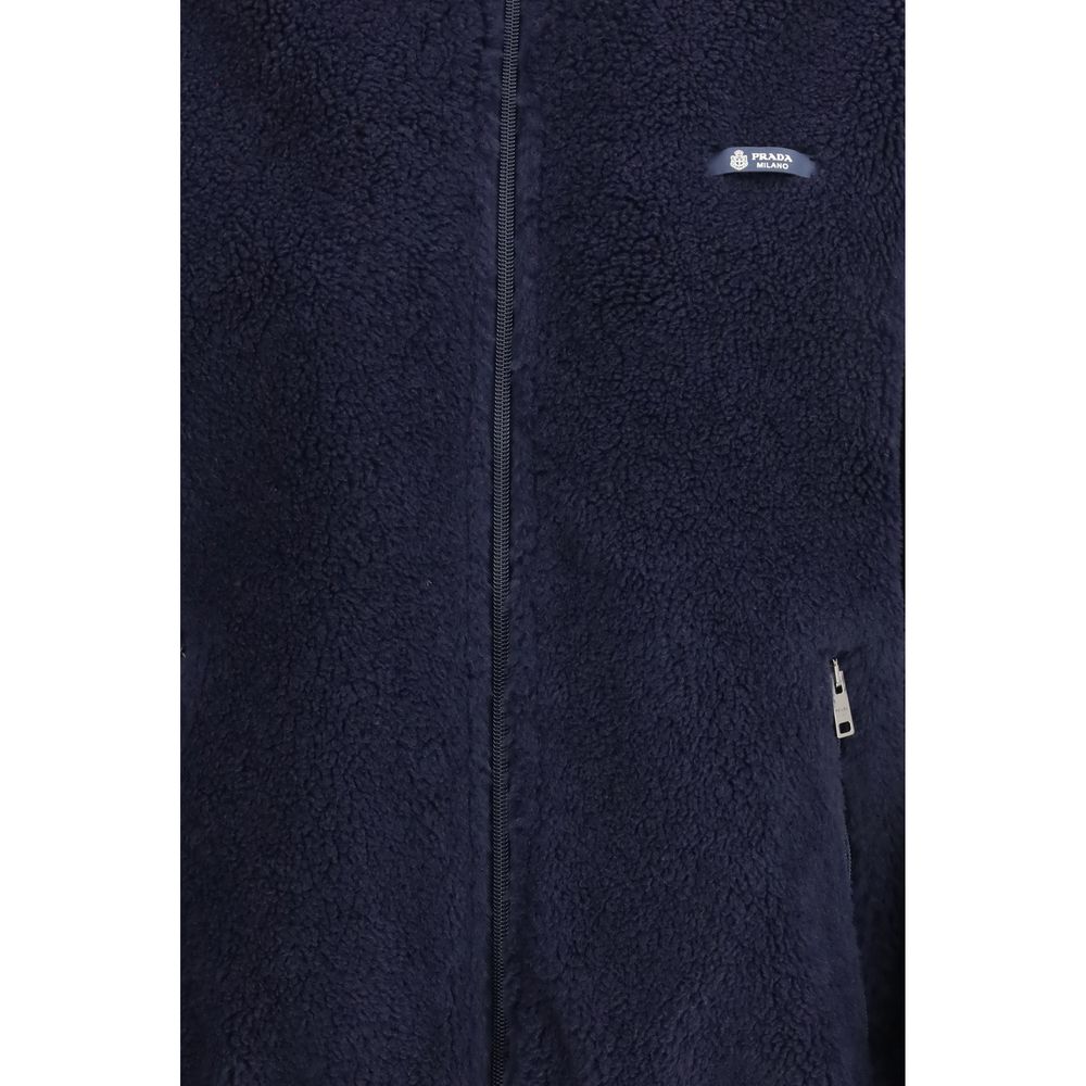 Blue Synthetic Wool Fleece Jacket with Rib-Knit Details