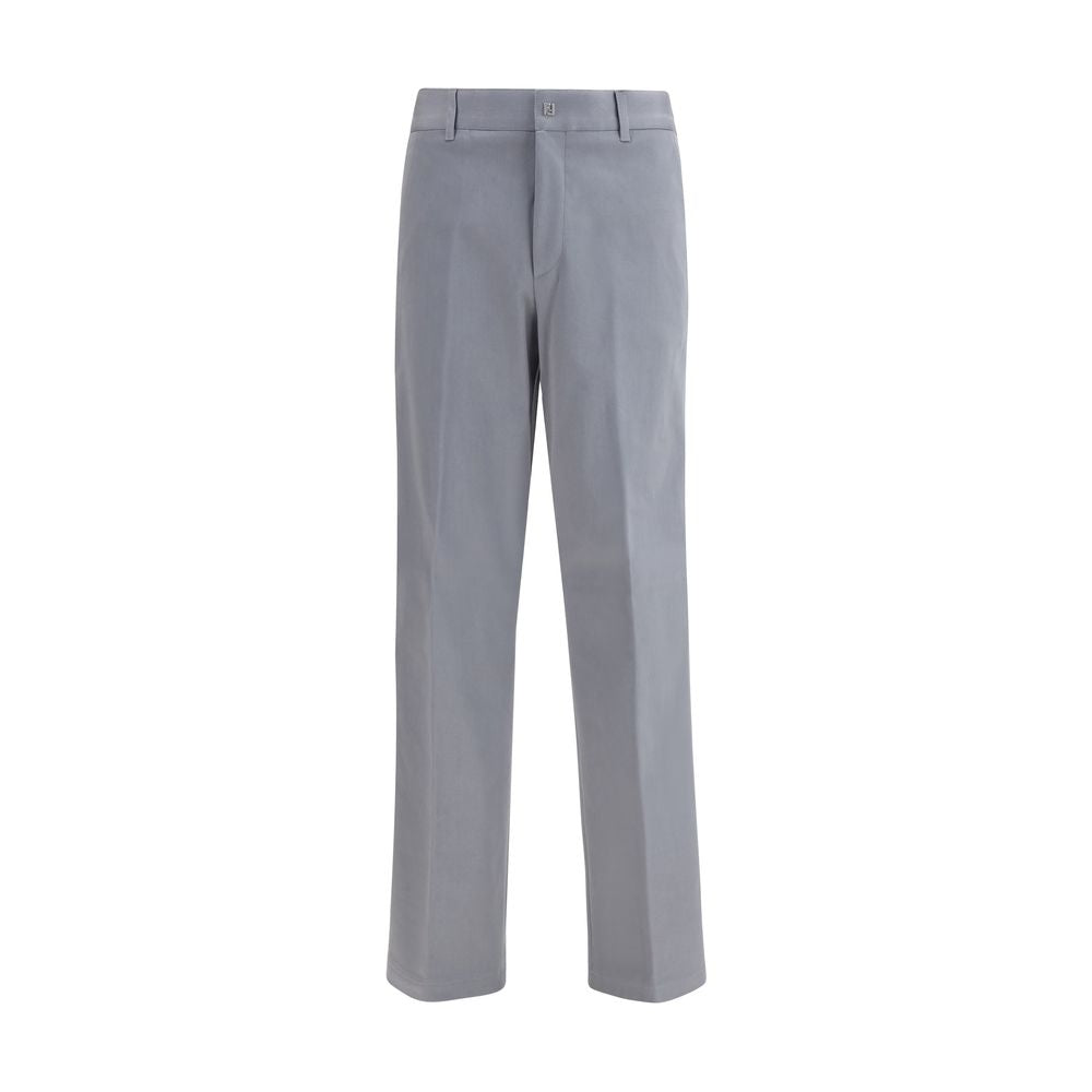 Gray Cotton Pants with Leather Logo Patch