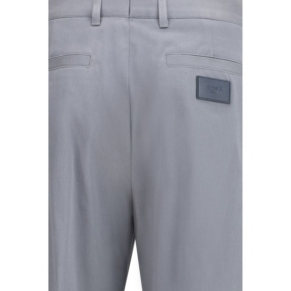 Gray Cotton Pants with Leather Logo Patch