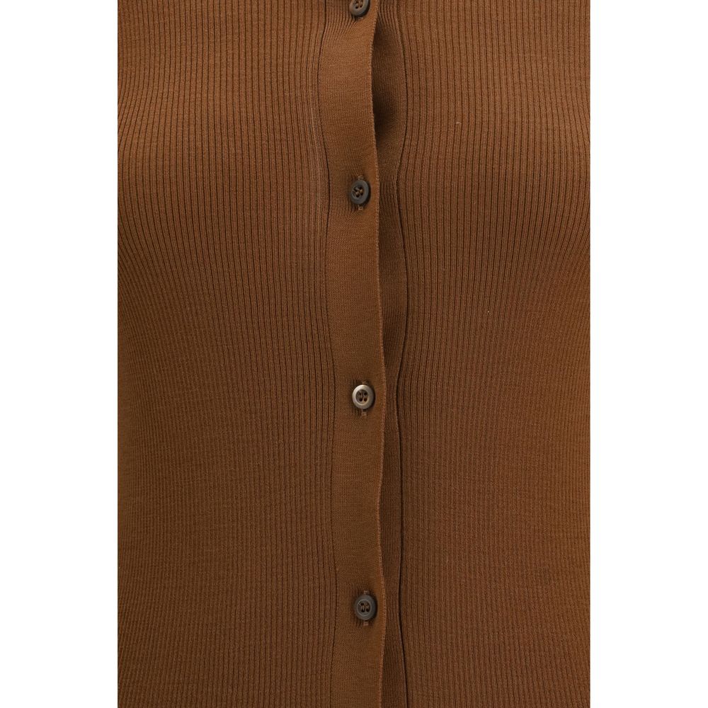 Brown Wool Cardigan with Button Closure and Crew Neck