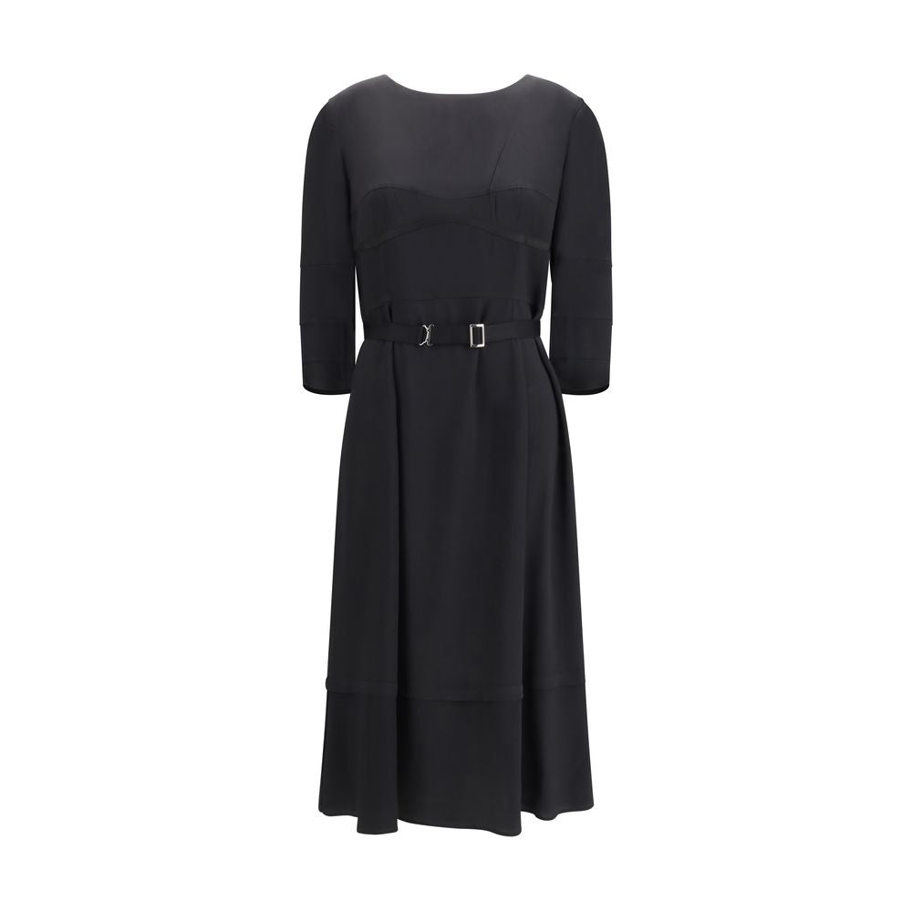 Schwarzes Midi-Kleid aus Wolle und Seide mit Gürtel