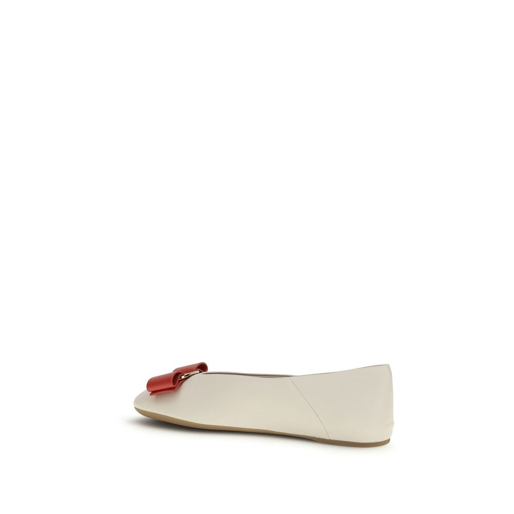White Leather Ballet Flats with Vara Bow